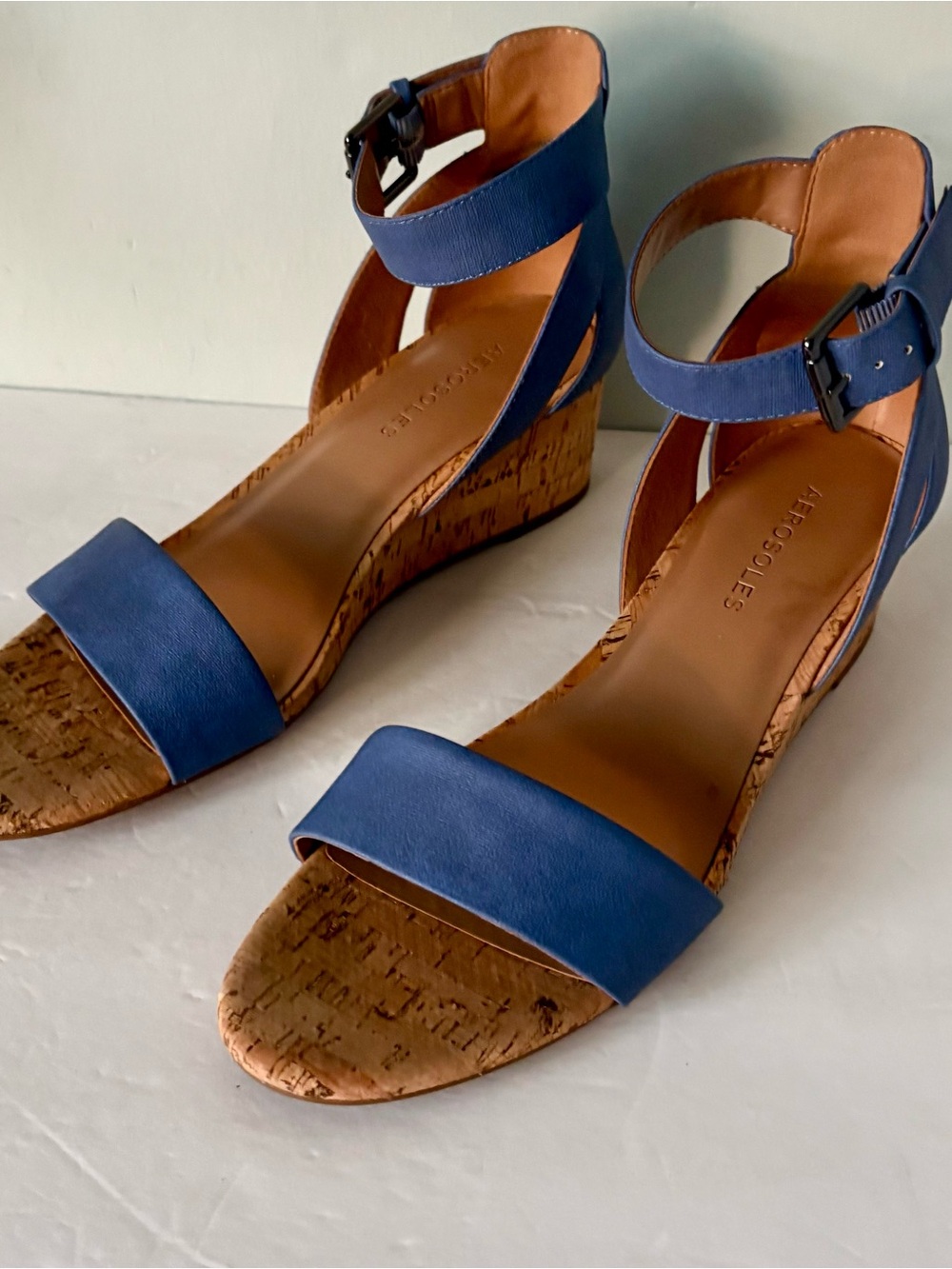 AEROSOLES Blue Cork Wedge Sandals with Ankle Strap